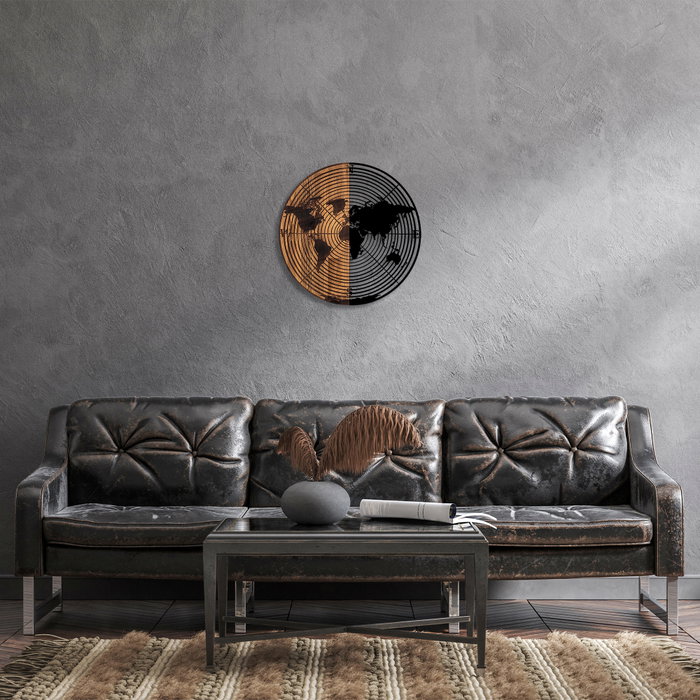 Wallity Accesorio Decorativo de Pared World Map 321, Madera y Metal, Negro y Nogal, 56 cm Diámetro